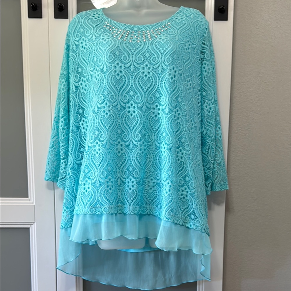 JM Collection Aqua Lace Blouse